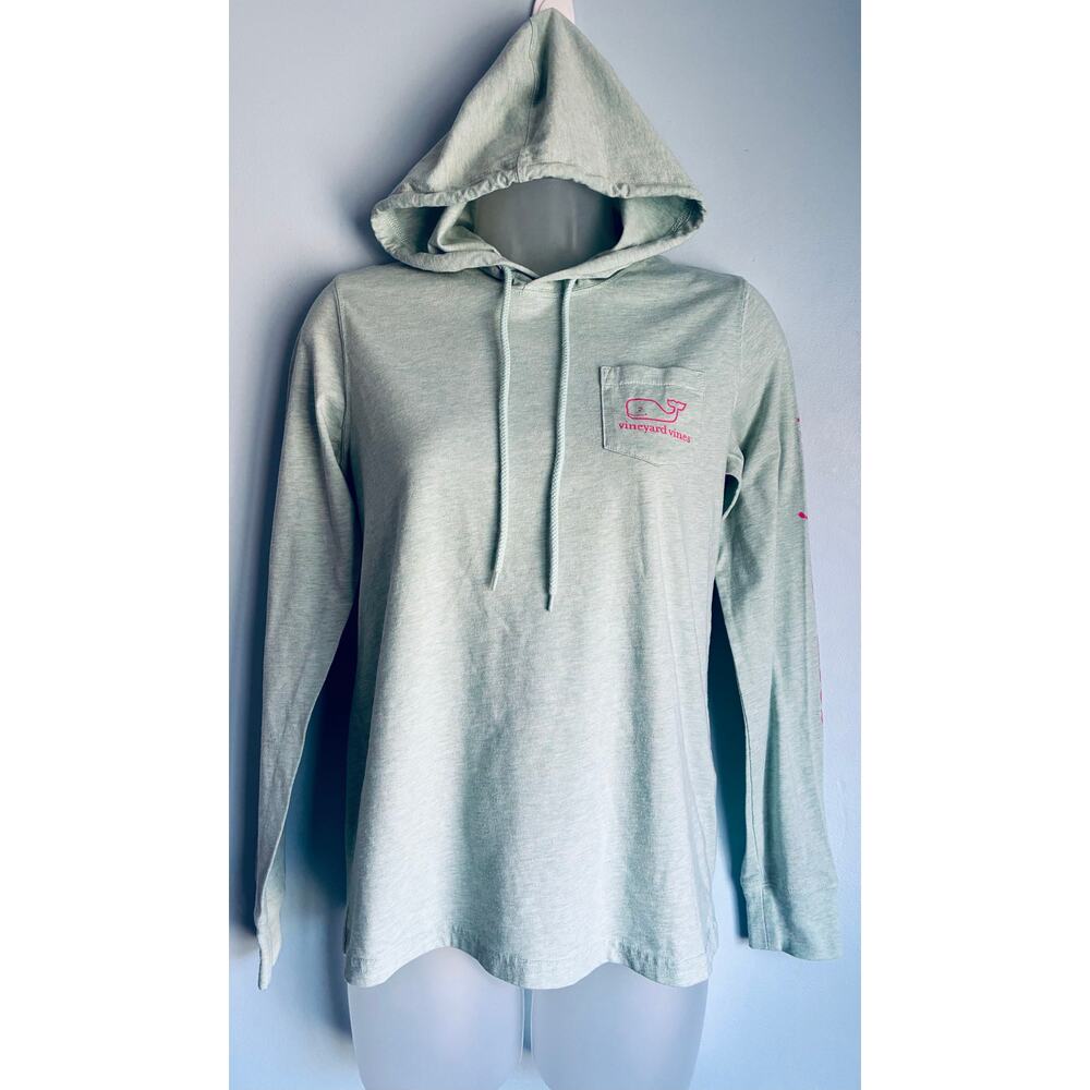 Vineyard Vines Logo Hooded Long Sleeve Tee Sz XS Green and Pink